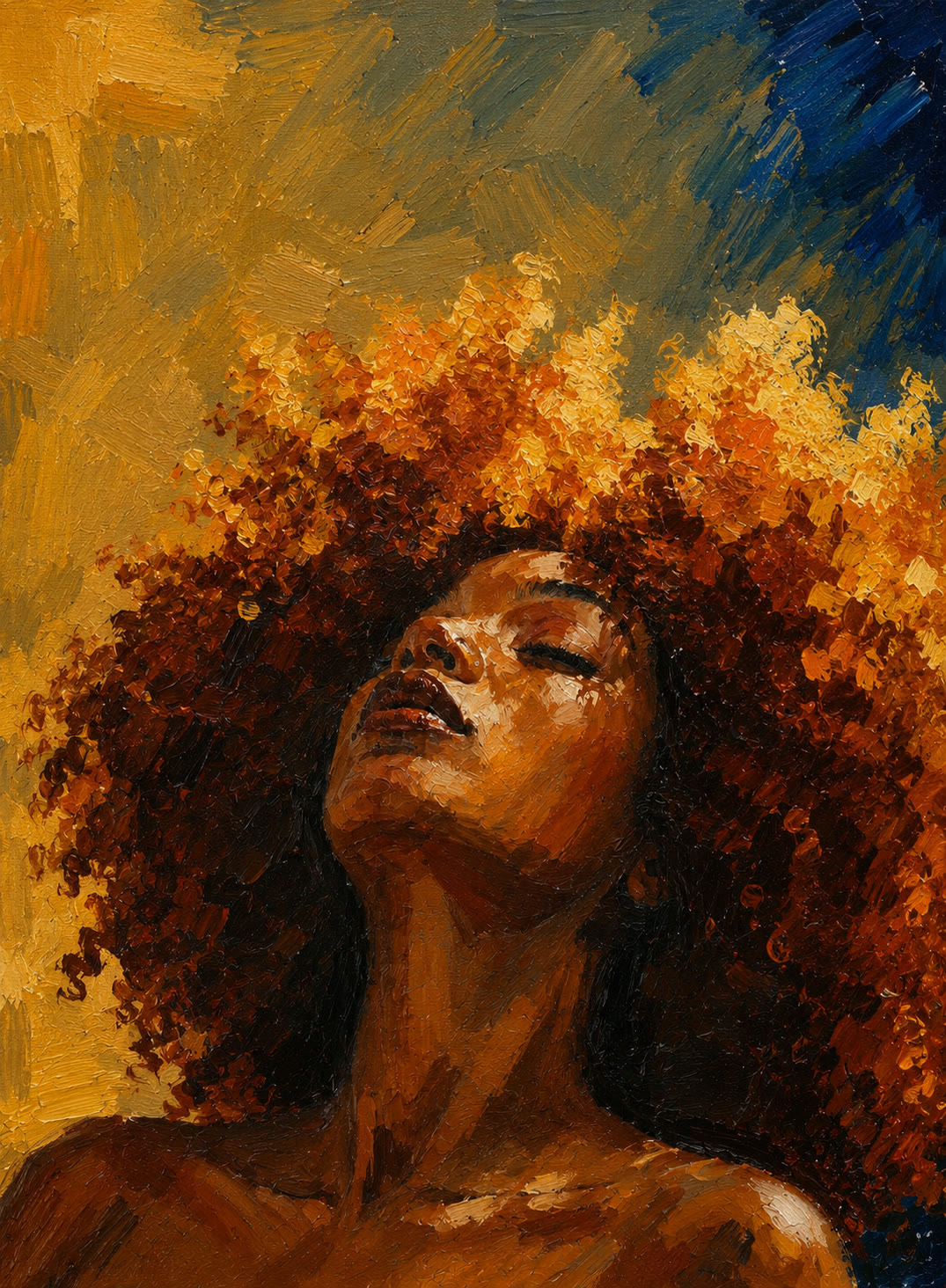 A woman with a full amber halo of hair, face lifted, eyes closed