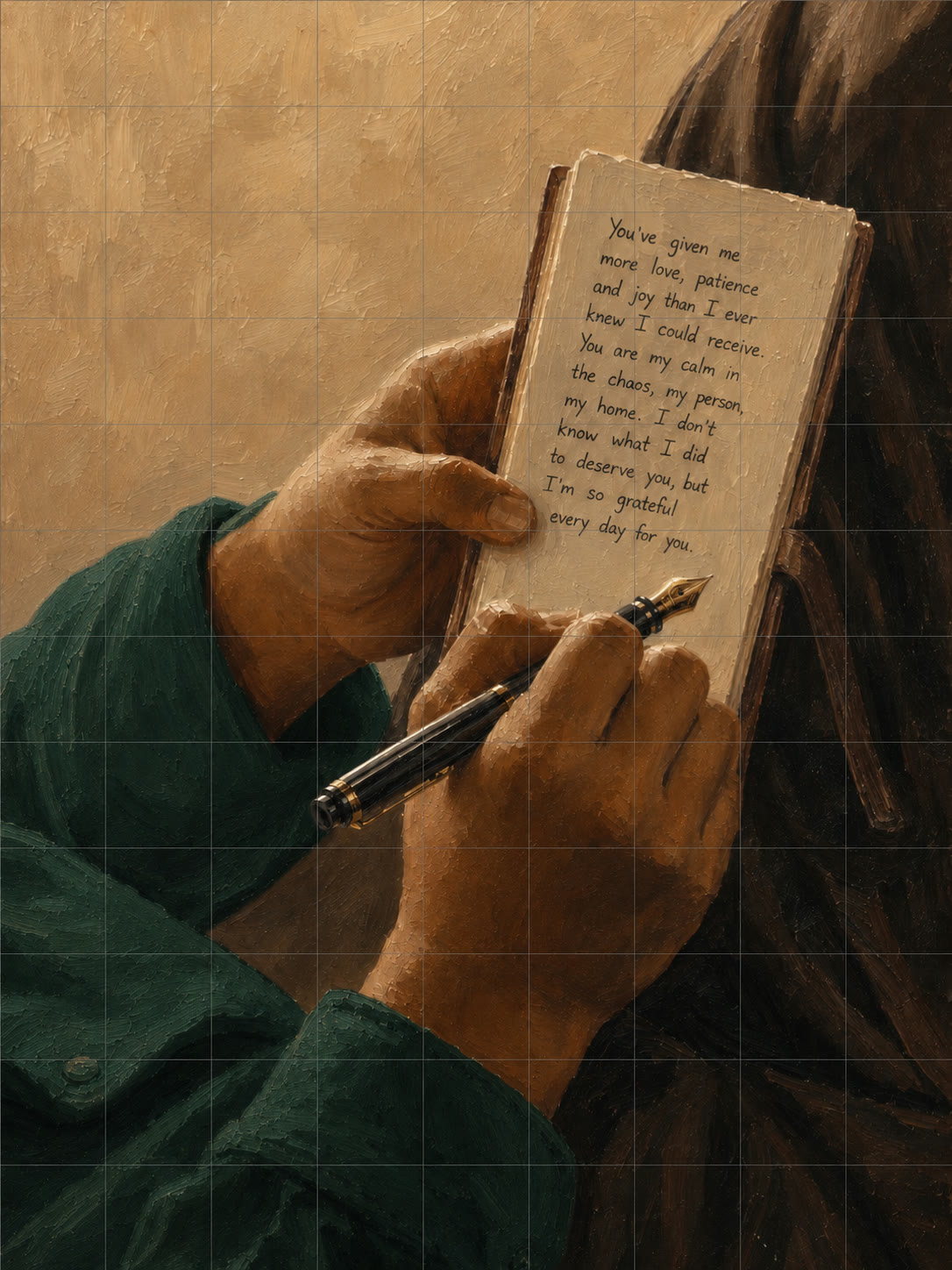 Two hands writing a letter in a bound journal with a fountain pen