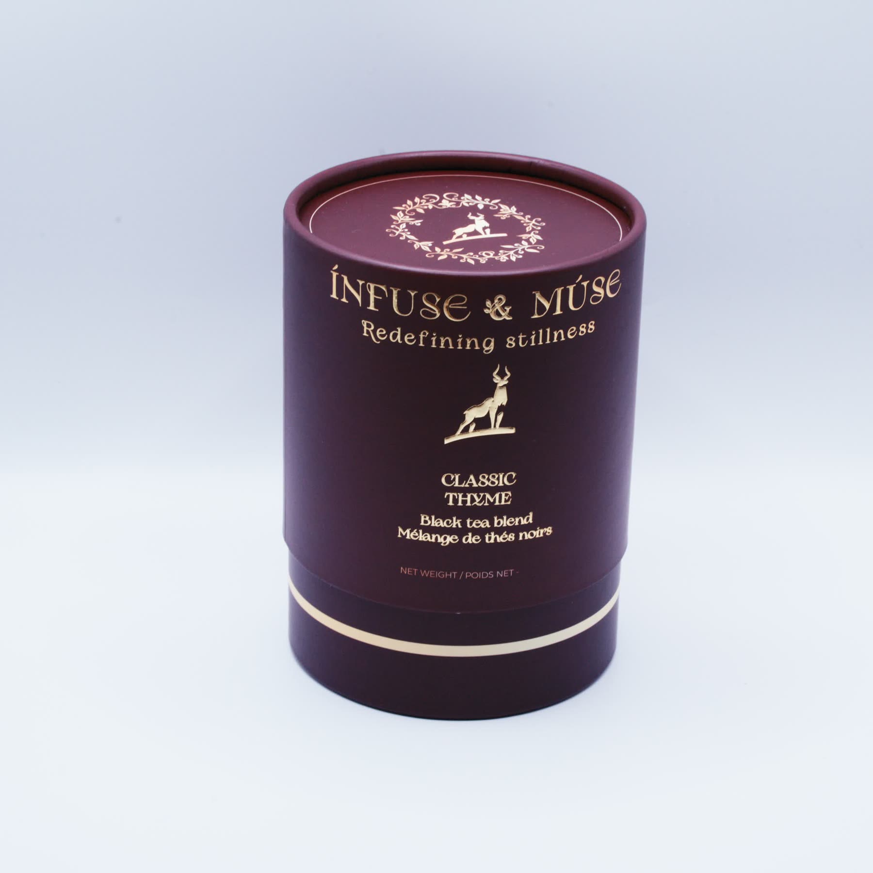 Classic Thyme tin, oxblood red with gold foil lettering