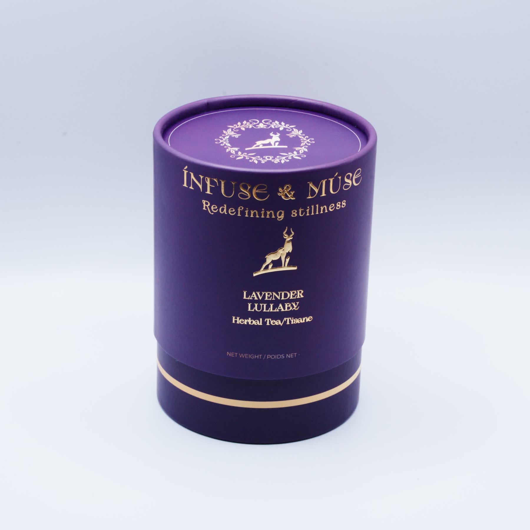 Lavender Lullaby tin, deep violet with gold foil lettering