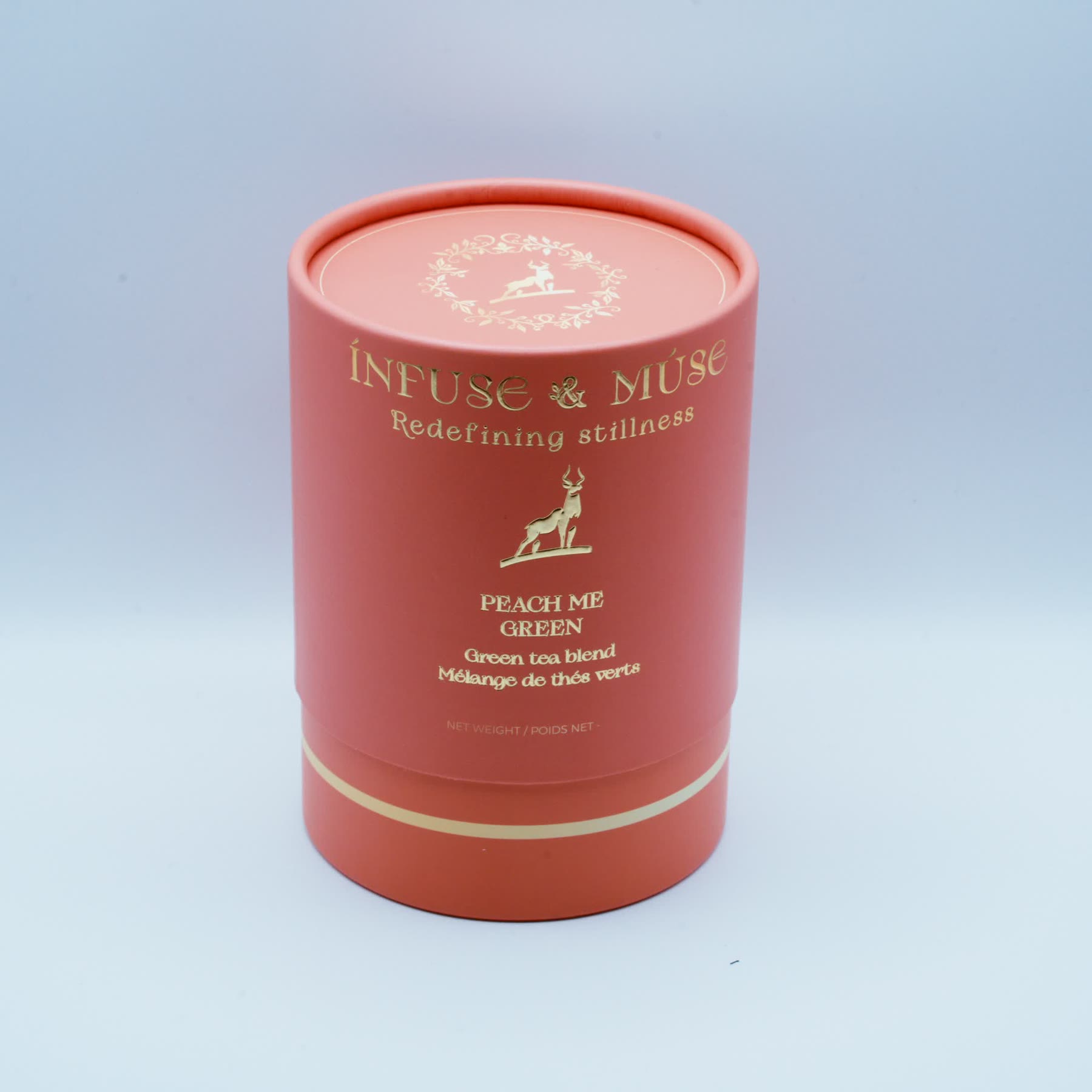 Peach Me Green tin, coral orange with gold foil lettering